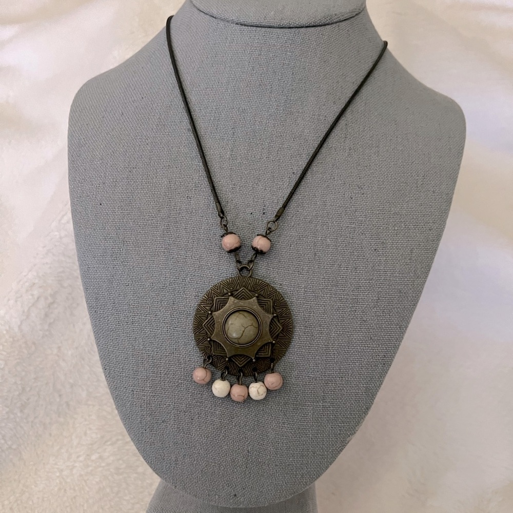 Natural Stone Antique Bronze Finish Pendant Boho Chic Necklace